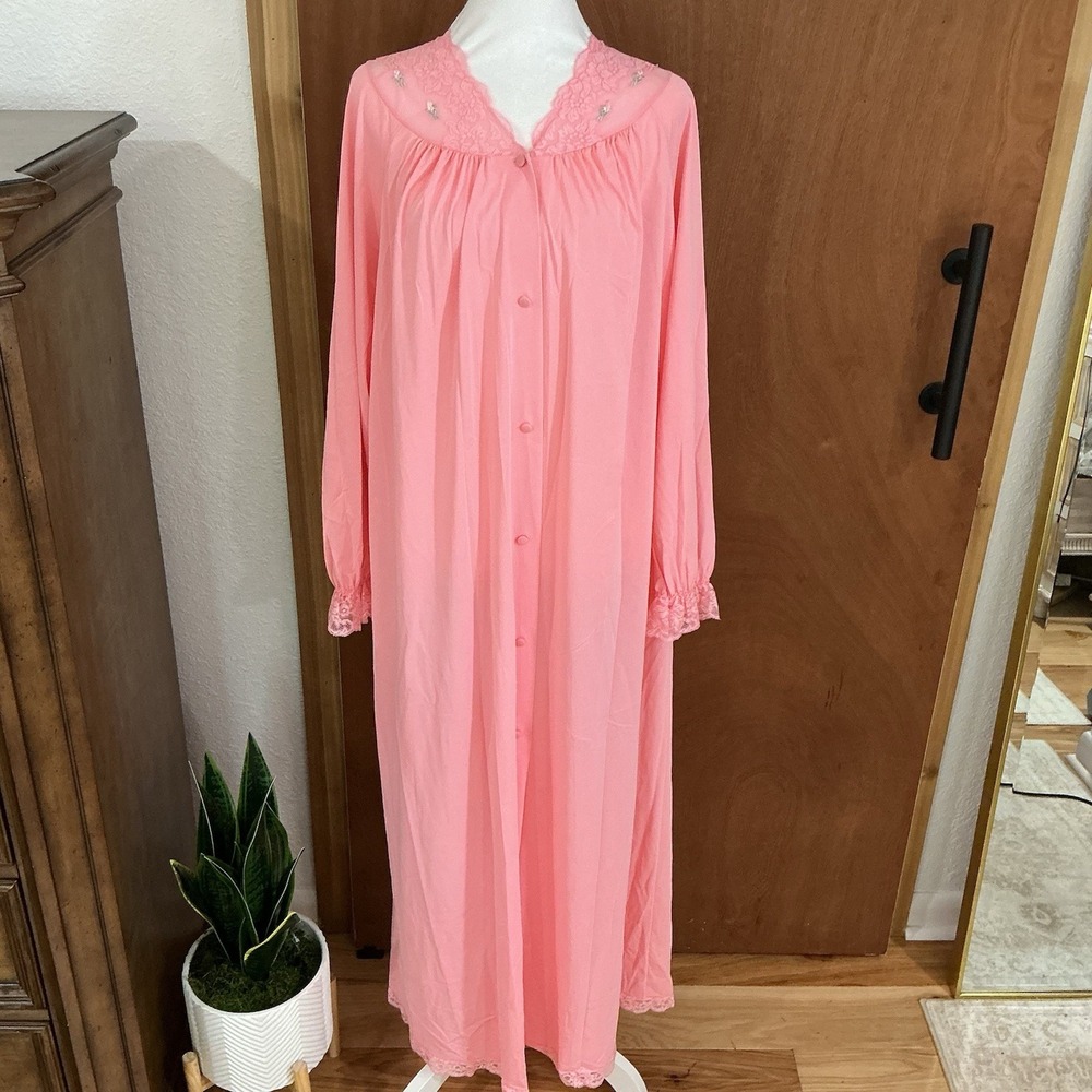 Vintage Shadowline Button-Front Full Length Robe Pink Lace Bodice & Trim Medium - Picture 15 of 16